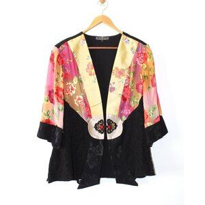 VTG Violet Kay Multi fabric Floral Kimono Black Lace Size Large Burnout Blazer